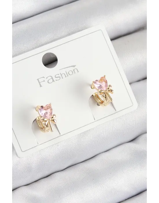 Pirinç Zirkon Taşlı Fiyonklu Kalp Model Gold Renk Çocuk Küpe