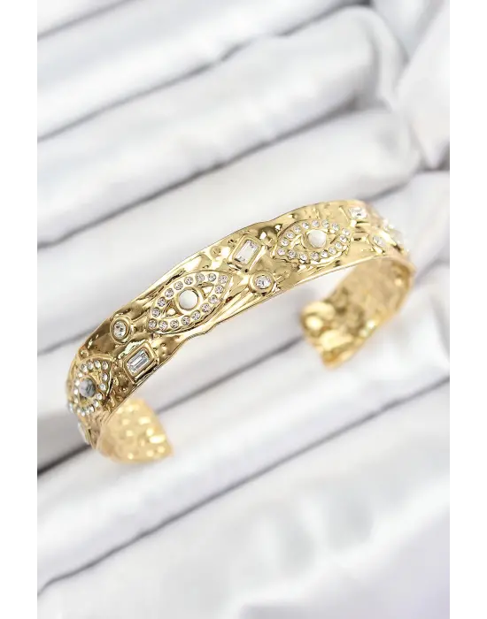 Pirinç Zirkon Taşlı Göz Model Gold Renk Altı Açık Kadın Bileklik