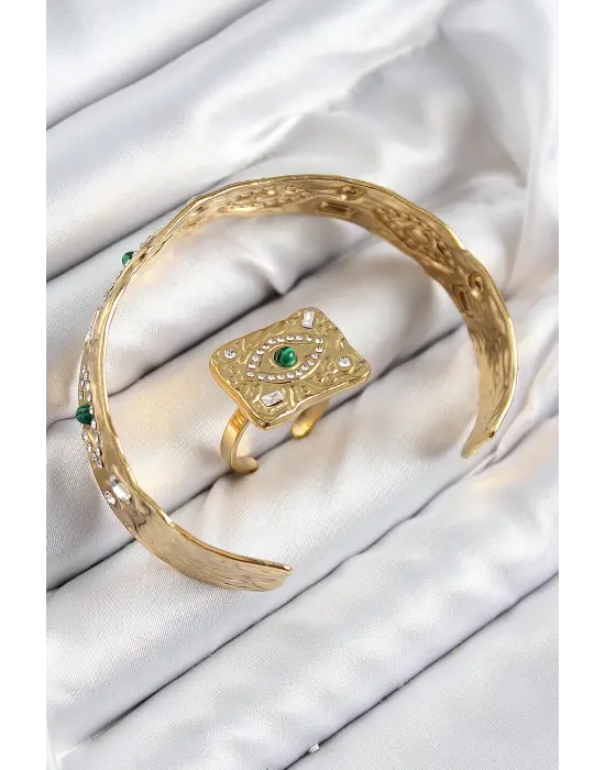 Pirinç Zirkon Taşlı Göz Model Gold Renk Bileklik Yüzük Set