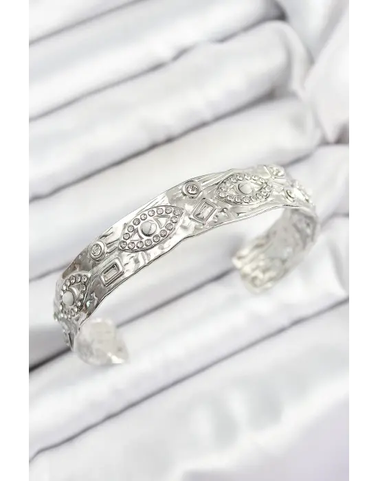 Pirinç Zirkon Taşlı Göz Model Gümüş Renk Altı Açık Kadın Bileklik