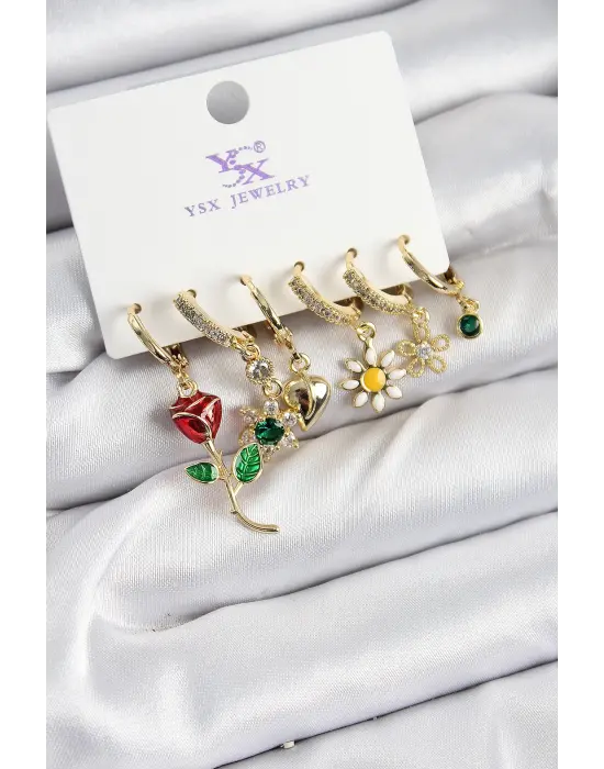 Pirinç Zİrkon Taşlı Gül Ve Papatya Model Gold Renk 3lü Çift Kadın Küpe