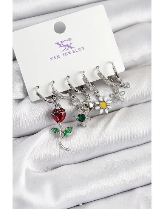 Pirinç Zİrkon Taşlı Gül Ve Papatya Model Gümüş Renk 3lü Çift Kadın Küpe