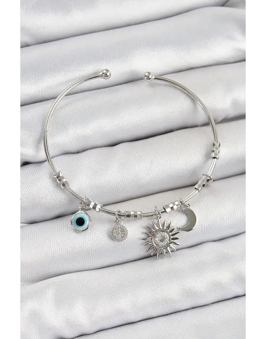 Pirinç Zirkon Taşlı Güneş Ay Ve Nazar Model Gümüş Renk Charm Bileklik