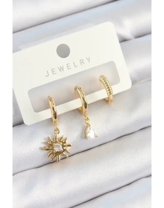 Pirinç Zirkon Taşlı Güneş Model Gold Renk 3lü Çift Kadın Küpe Set