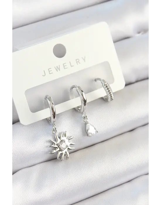 Pirinç Zirkon Taşlı Güneş Model Gümüş Renk 3lü Çift Kadın Küpe Set