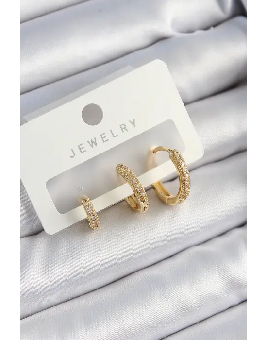 Pirinç Zirkon Taşlı Halka Model Gold Renk 3lü Çift Kadın Küpe Set