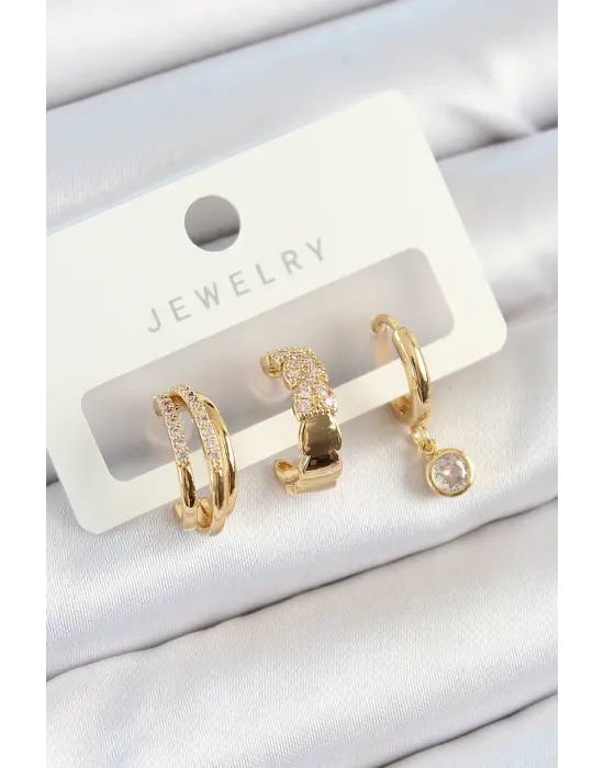 Pirinç Zirkon Taşlı Halka Model Gold Renk 3lü Çift Kadın Küpe Set