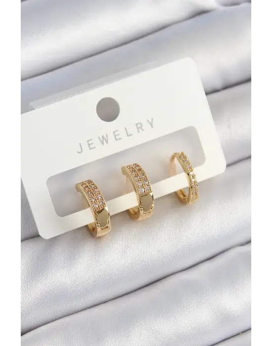 Pirinç Zirkon Taşlı Halka Model Gold Renk 3lü Çift Kadın Küpe Set
