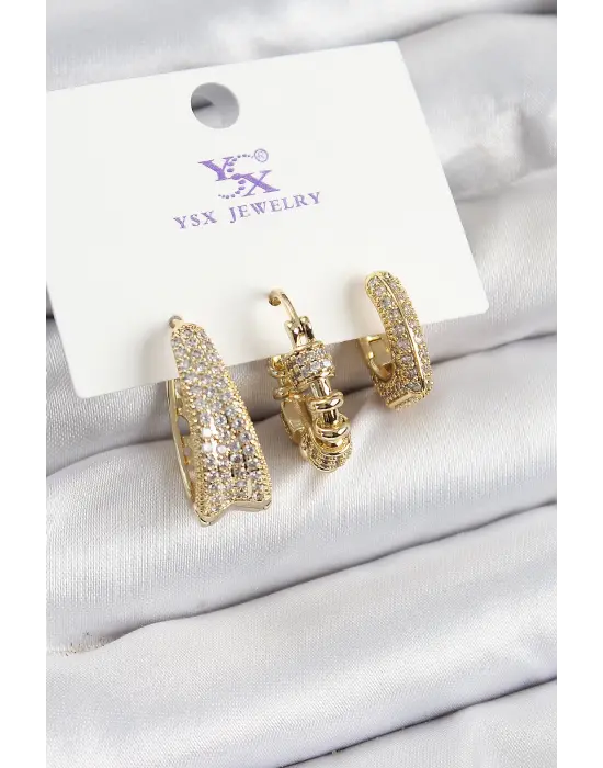 Pirinç Zİrkon Taşlı Halka Model Gold Renk 3lü Kadın Küpe