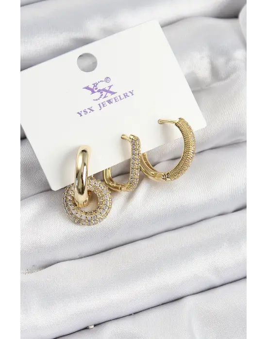 Çelik Zİrkon Taşlı Halka Model Gold Renk 3lü Kadın Küpe