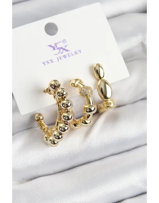 Pirinç Zİrkon Taşlı Halka Model Gold Renk 3lü Kadın Küpe