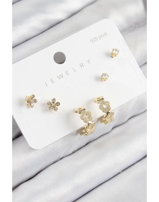 Pirinç Zirkon Taşlı Halka Model Gold Renk 925 Ayar Gümüş Çivi Kadın Küpe Set