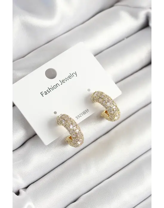 Pirinç Zirkon Taşlı Halka Model Gold Renk Kadın Küpe