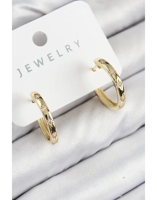 Pirinç Zirkon Taşlı Halka Model Gold Renk Kadın Küpe