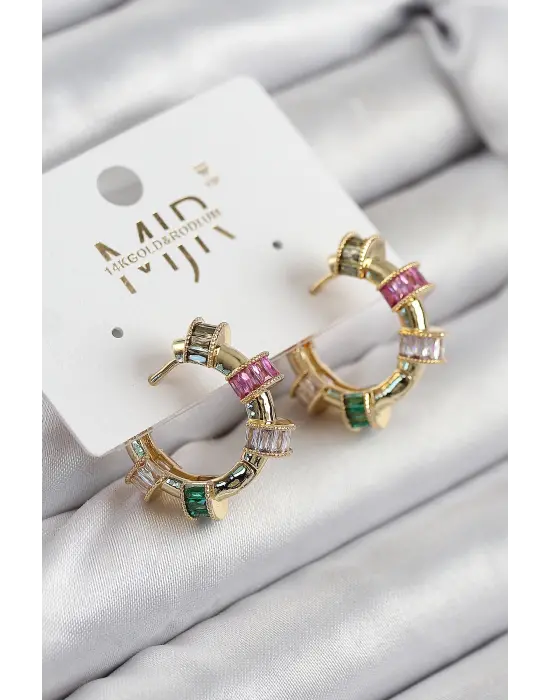 Pirinç Zirkon Taşlı Halka Model Gold Renk Kadın Küpe