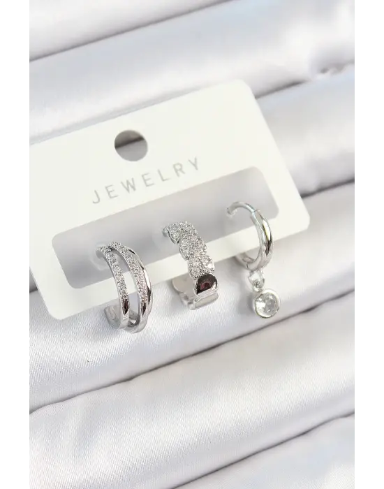 Pirinç Zirkon Taşlı Halka Model Gümüş Renk 3lü Çift Kadın Küpe Set