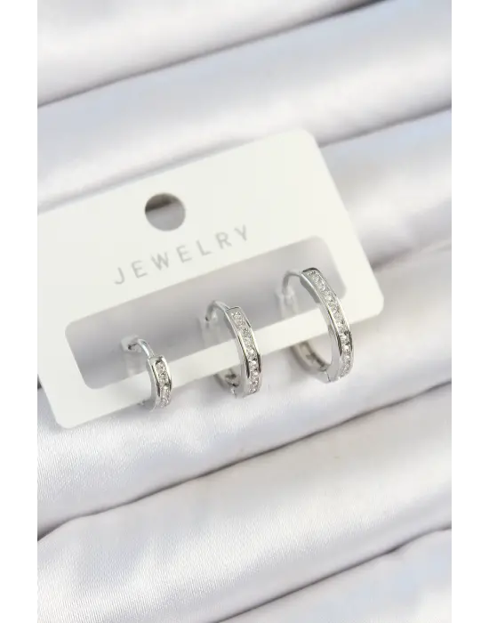 Pirinç Zirkon Taşlı Halka Model Gümüş Renk 3lü Çift Kadın Küpe Set