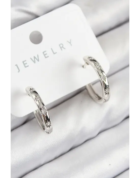 Pirinç Zirkon Taşlı Halka Model Gümüş Renk Kadın Küpe