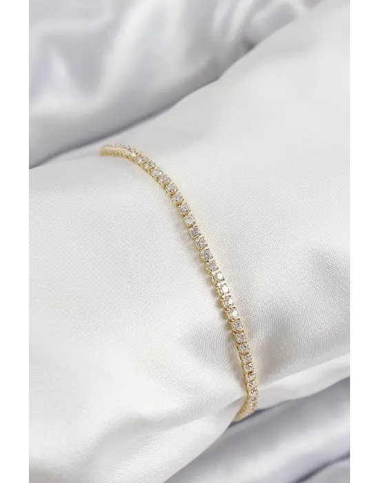 Pirinç Zirkon Taşlı İnce Su Yolu Model Gold Renk Kadın Bileklik