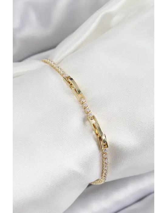 Pirinç Zirkon Taşlı İnce Su Yolu Model Gold Renk Kadın Bileklik