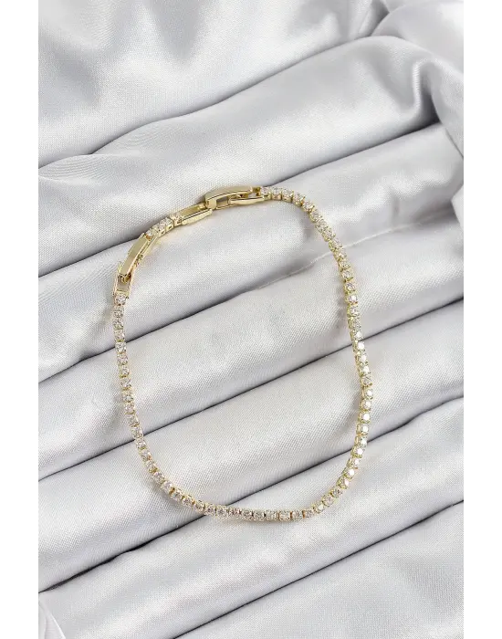 Pirinç Zirkon Taşlı İnce Su Yolu Model Gold Renk Kadın Bileklik
