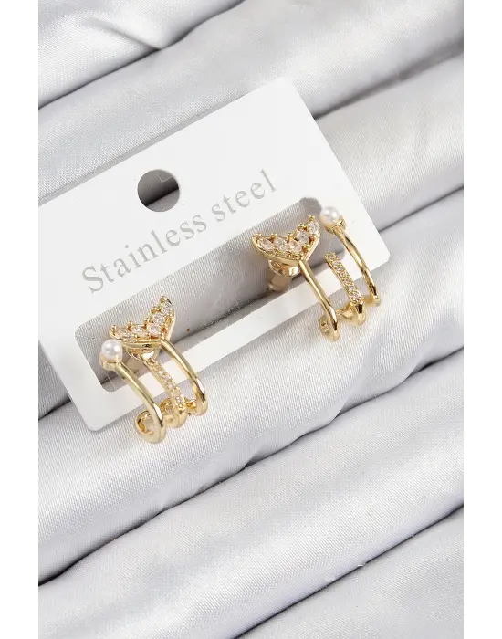 Pirinç Zirkon Taşlı İnci Detaylı Balık Kuyruğu Model Gold Renk Kadın Küpe