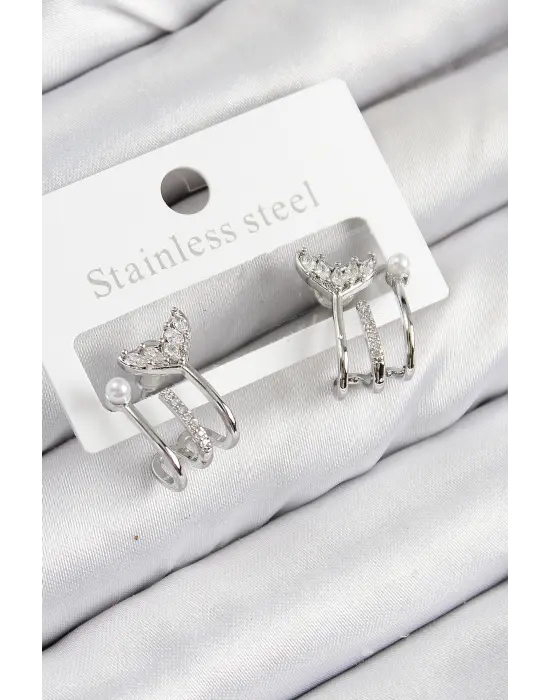 Pirinç Zirkon Taşlı İnci Detaylı Balık Kuyruğu Model Gümüş Renk Kadın Küpe