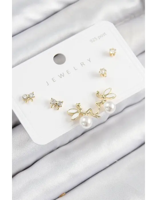 Pirinç Zirkon Taşlı İnci Melek Model Gold Renk 925 Ayar Gümüş Çivi Kadın Küpe Set