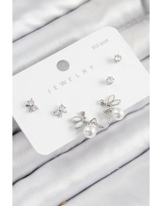 Pirinç Zirkon Taşlı İnci Melek Model Gümüş Renk 925 Ayar Gümüş Çivi Kadın Küpe Set