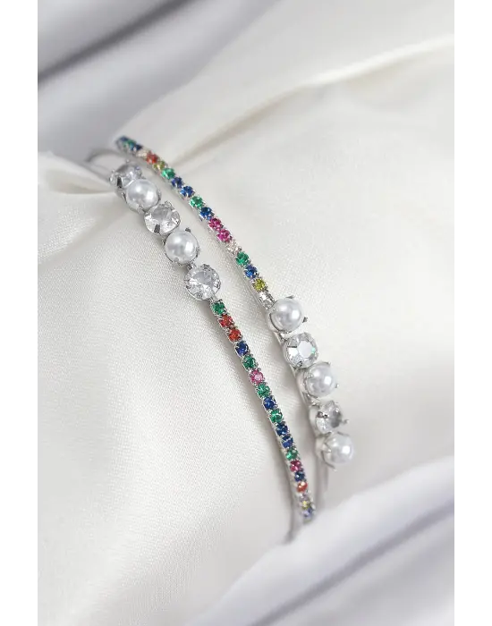 Pirinç Zirkon Taşlı İnci Model Gümüş Renk Kadın Bileklik