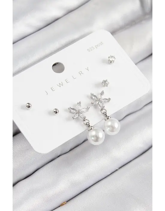 Pirinç Zirkon Taşlı İnci Sallantılı Çiçek Model Gümüş Renk 925 Ayar Gümüş Çivi Kadın Küpe Set