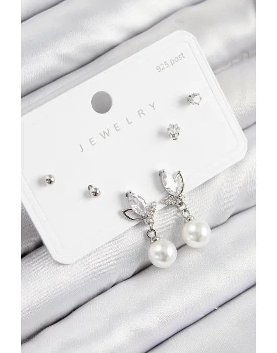 Pirinç Zirkon Taşlı İnci Sallantılı Damla Model Gümüş Renk 925 Ayar Gümüş Çivi Kadın Küpe Set