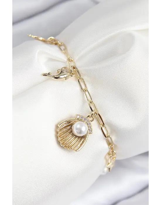 Pirinç Zirkon Taşlı İncili İstiridye Model Gold Renk Kadın Bileklik