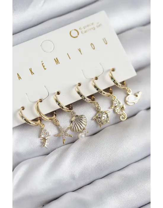 Pirinç Zirkon Taşlı İstiridye Balina Ve Yıldız Gold Renk 6lı Küpe Set