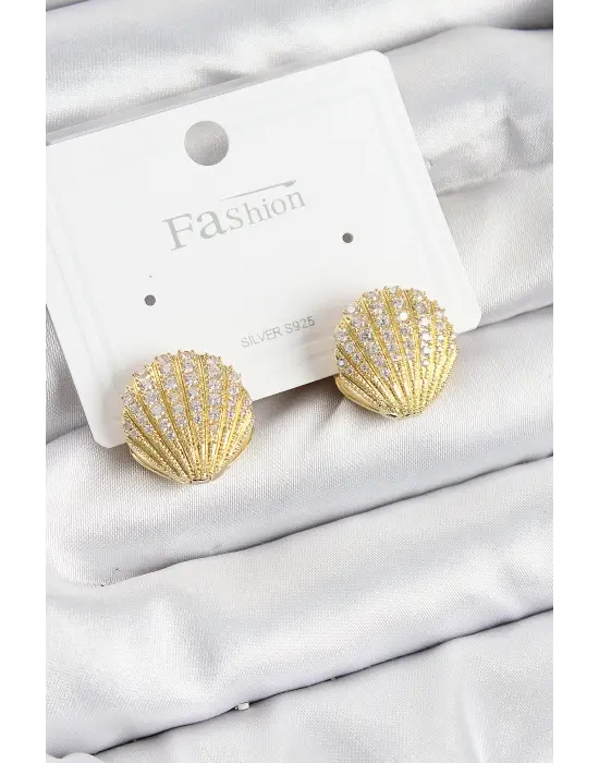 Pirinç Zirkon Taşlı İstiridye Model Gold Renk 925 Ayar Gümüş Çivi Kadın Küpe