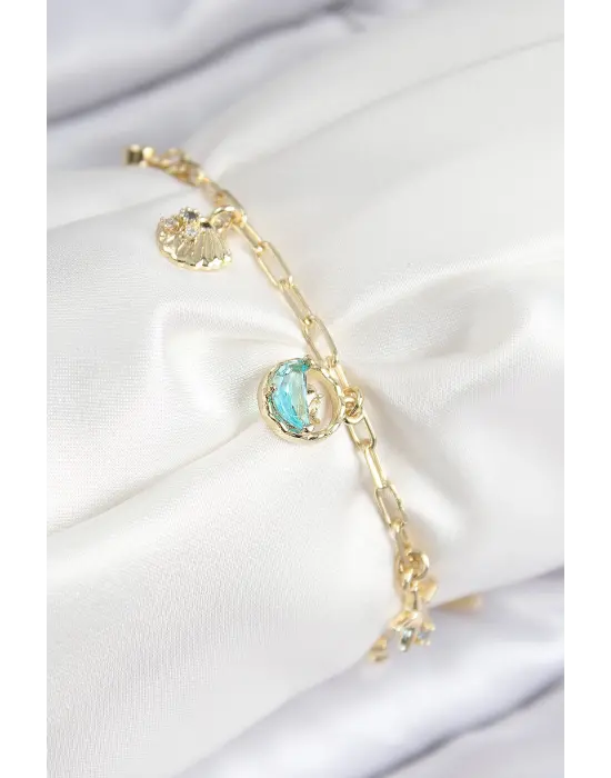 Pirinç Zirkon Taşlı İstiridye Model Gold Renk Kadın Bileklik