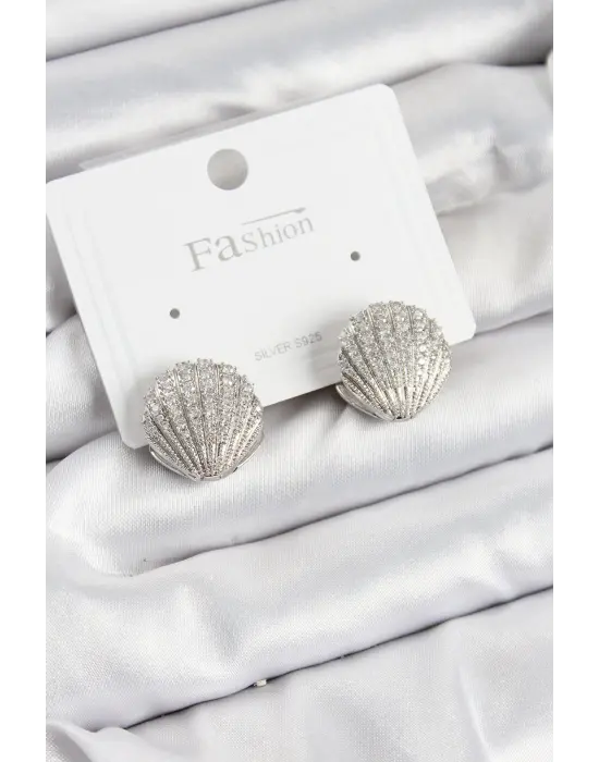 Pirinç Zirkon Taşlı İstiridye Model Gümüş Renk 925 Ayar Gümüş Çivi Kadın Küpe