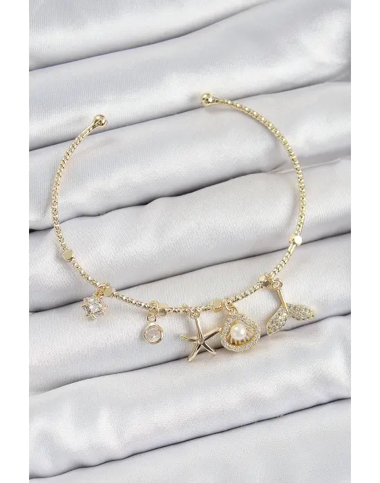 Pirinç Zirkon Taşlı İstiridye Ve Deniz Yıldızı Model Gold Renk Charm Bileklik