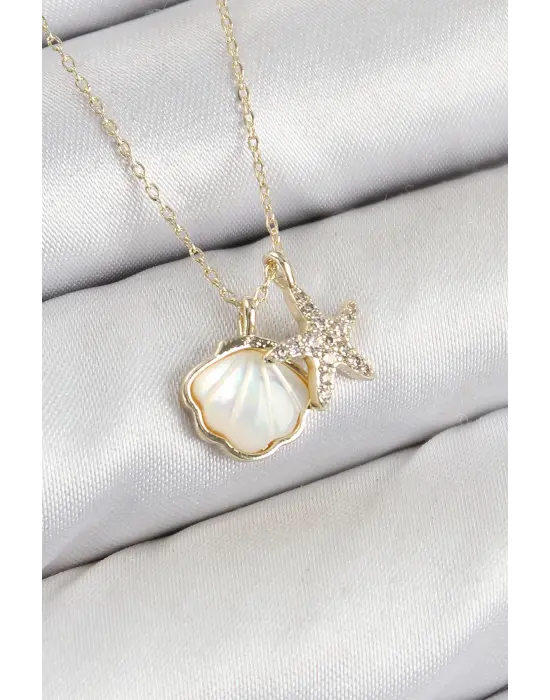 Pirinç Zirkon Taşlı İstiridye Ve Deniz Yıldızı Model Gold Renk Kadın Kolye
