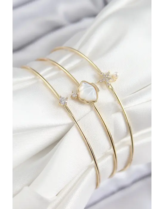 Pirinç Zirkon Taşlı İstiridye Ve Deniz Yıldızı Model Gold Renk Vip 3lü Kadın Bileklik