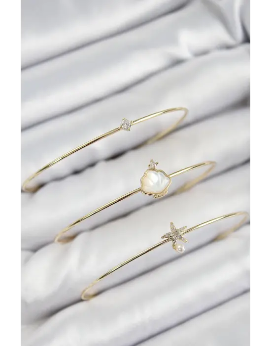 Pirinç Zirkon Taşlı İstiridye Ve Deniz Yıldızı Model Gold Renk Vip 3lü Kadın Bileklik