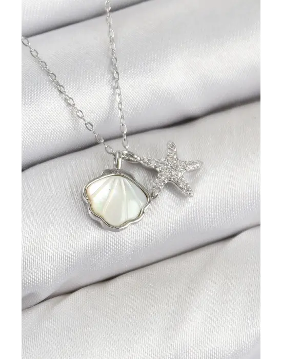Pirinç Zirkon Taşlı İstiridye Ve Deniz Yıldızı Model Gümüş Renk Kadın Kolye