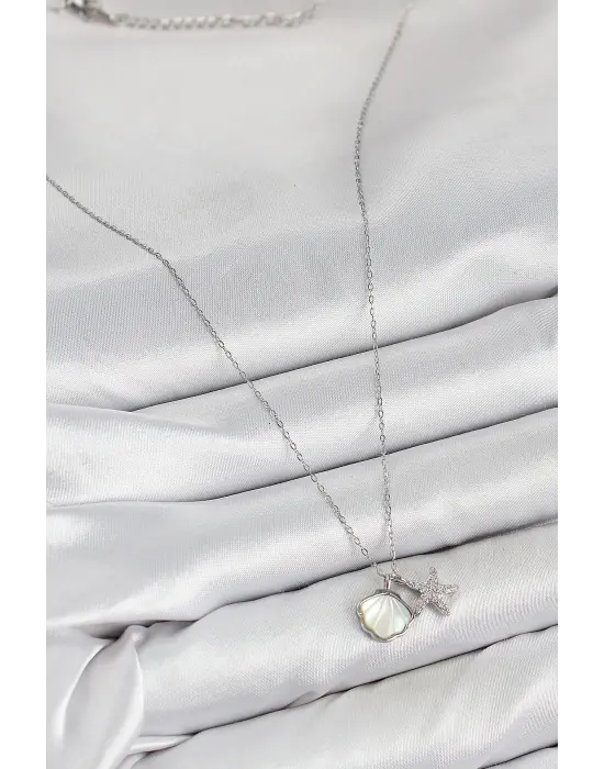 Pirinç Zirkon Taşlı İstiridye Ve Deniz Yıldızı Model Gümüş Renk Kadın Kolye