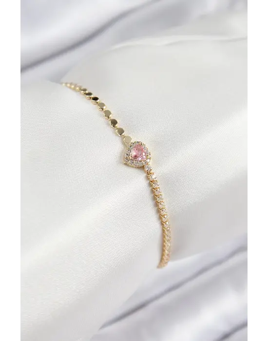 Pirinç Zirkon Taşlı Kalp Model Ezme Zincir Gold Renk Kadın Bileklik