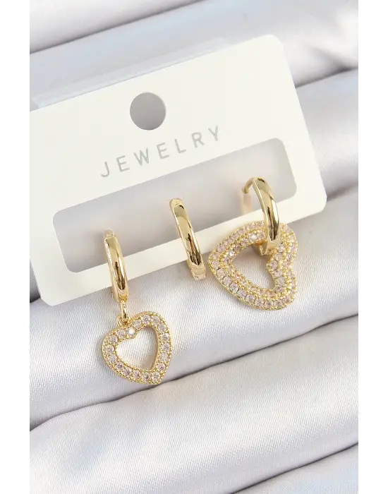 Pirinç Zirkon Taşlı Kalp Model Gold Renk 3lü Çift Kadın Küpe Set