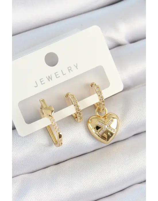 Pirinç Zirkon Taşlı Kalp Model Gold Renk 3lü Çift Kadın Küpe Set