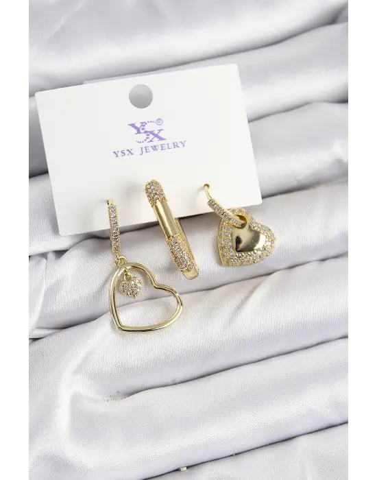 Pirinç Zİrkon Taşlı Kalp Model Gold Renk 3lü Kadın Küpe