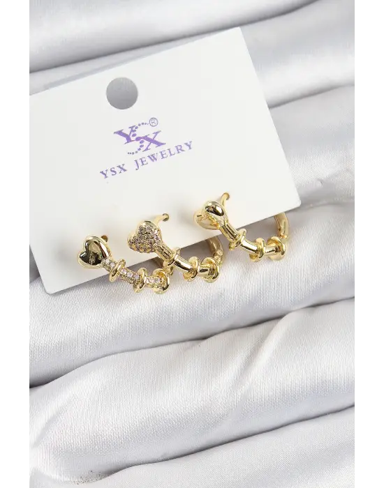 Pirinç Zİrkon Taşlı Kalp Model Gold Renk 3lü Kadın Küpe