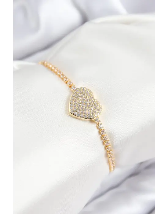 Pirinç Zirkon Taşlı Kalp Model Gold Renk Asansörlü Kadın Bileklik