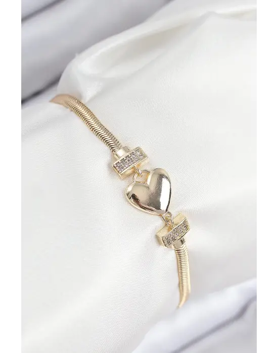 Pirinç Zirkon Taşlı Kalp Model Gold Renk Kadın Bileklik